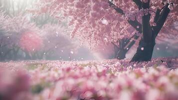 champ de Cerise fleurs dans plein floraison, doux brise, large tir, cinématique Regardez photo