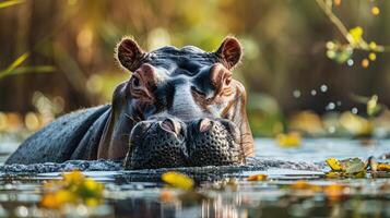 captivant portrait de hippopotame dans ses Naturel environnement, il regards dans caméra tandis que relaxant dans des eaux de sous saharien Afrique. séduire de faune, promouvoir tourisme dans le zone photo