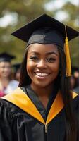 fermer coup de diplômé portant mortier sur sa diriger, révéler radiant foncé peau les filles affronter, sa sourire radieux avec fierté et bonheur comme Jeune Dame saveur moment de sa réalisations photo