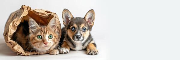 curieuse chaton avec brillant vert yeux dans froissé marron papier sac, suivant à mignonne chiot sur blanc Contexte copie espace. concept de animal de compagnie adoption, animal bien-être, animal de compagnie en relation des produits photo