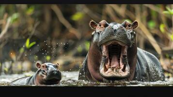 hippopotame mère et sa veau dans sous saharien africain des eaux. merveille de faune, importance de préservation efforts. promouvoir écotourisme, faune des safaris, environnement conscience photo