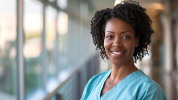 Jeune noir femelle médecin dans bleu gommages, souriant à la recherche dans caméra, portrait de médical professionnel, hôpital médecin, sur de soi praticien ou chirurgien à travail. flou Contexte photo