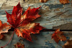 rouge érable feuilles sur une bois Contexte. généré par artificiel intelligence photo
