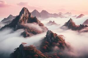 haute rochers dans rose des nuages et brouillard. magnifique paysage de Montagne pics. généré par artificiel intelligence photo