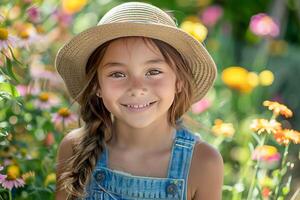 content fille dans salopette et chapeau Faire jardinage dans une jardin. photo