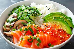 bol avec saumon, Avocat et autre ingrédients. en bonne santé aliments. . photo