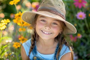 content fille dans salopette et chapeau Faire jardinage dans une jardin. photo