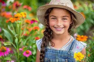 content fille dans salopette et chapeau Faire jardinage dans une jardin. photo