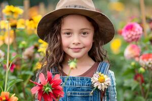 content fille dans salopette et chapeau Faire jardinage dans une jardin. photo