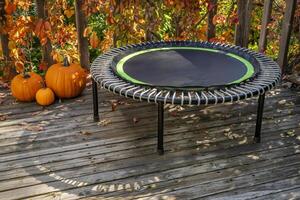 mini trampoline pour aptitude exercice et rebondir dans une arrière-cour patio, tomber paysage photo