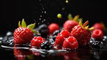 Frais baie des fruits avec l'eau éclaboussure sur noir Contexte photo