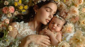 une femme est en portant une bébé dans une fleur lit photo