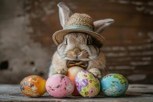 une lapin portant une chapeau et arc attacher émerge de le Oeuf avec magnifique coloré coquilles sur une plat Couleur Contexte. photo