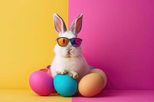 une lapin portant une des lunettes de soleil émerge de le gros Oeuf avec magnifique coloré coquilles sur une plat Couleur Contexte. photo