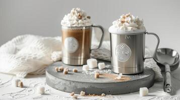 deux inoxydable acier café tasses avec latté et maigre chaud chocolat, séance sur Haut de gris béton socle. généré par artificiel intelligence. photo