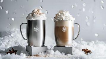 deux inoxydable acier café tasses avec latté et maigre chaud chocolat, séance sur Haut de gris béton socle. généré par artificiel intelligence. photo