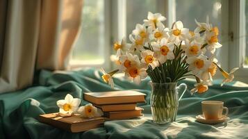 une table avec livres empilés sur il, suivant à une vase avec une grand bouquet de une narcisse fleurs, et une tasse de chaud thé. généré par artificiel intelligence. photo