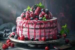 gâteau avec glaçage, décoré avec divers baies sur une foncé tableau. des fraises, myrtilles, rouge groseilles, menthe. photo