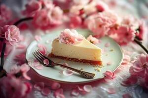 une pièce de cheesecake repose sur une blanc assiette avec rose fleurs sur le Contexte photo