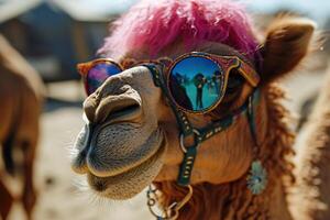 hippie chameau avec une rose crinière dans des lunettes de soleil sur une flou Contexte. généré par artificiel intelligence photo