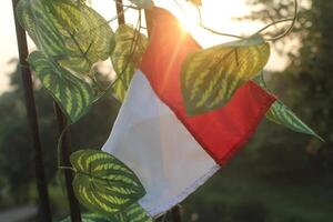 le indonésien drapeau a été monté sur métal des rayons, partiellement blocage le entrant lumière du soleil à créer cette image. photo