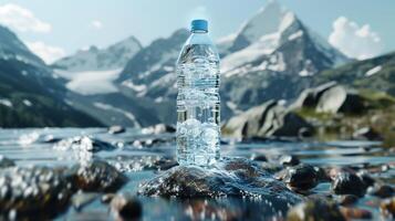 ai généré une bouteille de l'eau contre le toile de fond de une Montagne rivière. généré par artificiel intelligence. photo
