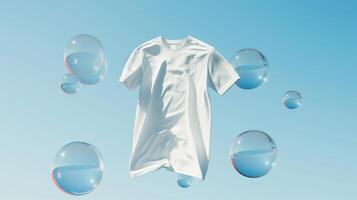 ai généré une blanc T-shirt flotteurs dans le air, entouré par transparent bulles sur une lumière ciel bleu arrière-plans. généré par artificiel intelligence. photo