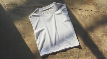 ai généré une blanc T-shirt contre une rigide, brutaliste béton toile de fond. généré par artificiel intelligence. photo