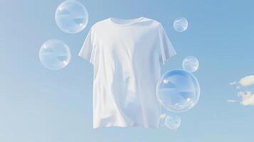 ai généré une blanc T-shirt flotteurs dans le air, entouré par transparent bulles sur une lumière ciel bleu arrière-plans. généré par artificiel intelligence. photo