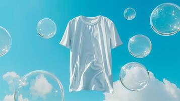 ai généré une blanc T-shirt flotteurs dans le air, entouré par transparent bulles sur une lumière ciel bleu arrière-plans. généré par artificiel intelligence. photo