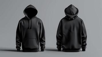 ai généré mode conception, noir sweatshirt à capuche, coton tissu, retour et de face vue afficher, minimalisme. généré par artificiel intelligence. photo