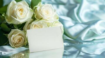 ai généré une bouquet de gros et magnifique blanc des roses avec un vide blanc carte pour l'écriture mis dans de face de le fleurs sur brillant bleu clair soie tissu. généré par artificiel intelligence. photo