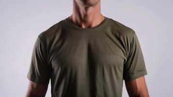 ai généré une maquette de le de face vue T-shirt, portant par un athlétique homme dans militaire vert couleur. homme permanent contre blanc Vide Contexte. généré par artificiel intelligence. photo