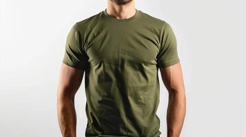 ai généré une maquette de le de face vue T-shirt, portant par un athlétique homme dans militaire vert couleur. homme permanent contre blanc Vide Contexte. généré par artificiel intelligence. photo