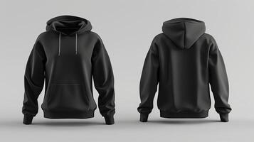 ai généré mode conception, noir sweatshirt à capuche, coton tissu, retour et de face vue afficher, minimalisme. généré par artificiel intelligence. photo