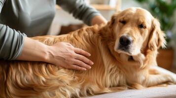 ai généré une photo de une femme mains Faire une professionnel massage sur le retour de une chien. généré par artificiel intelligence.