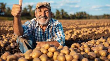 ai généré une moderne agriculteur dans une champ de patates, Faire une les pouces en haut. généré par artificiel intelligence. photo