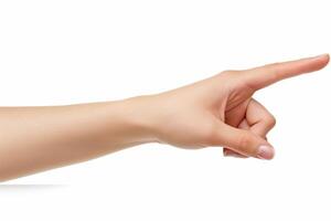 main montrer du doigt, femme montrer du doigt à quelque chose sur blanc arrière-plan, femelle main émouvant ou montrer du doigt à quelque chose photo