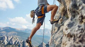 déraisonnable homme montée montagne, côté vue de actif grimpeur photo