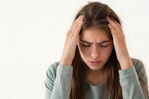 Jeune magnifique femme mal de crâne désespéré et stressé car douleur et migraine. mains sur diriger, Jeune frustré mauvais femme photo