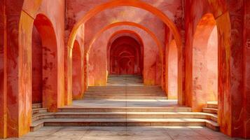 une rouge bâtiment avec arches et escaliers photo