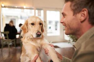 proche en haut portrait de Jeune homme avec le sien animal de compagnie dans café magasin. chien propriétaire en jouant avec le sien animal de compagnie, à la recherche content photo