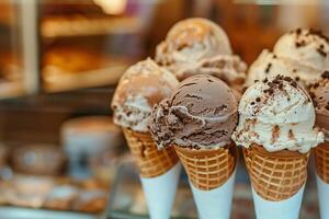 artisan la glace crème cônes avec garnitures, variété de les saveurs, proche en haut photo