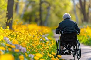 personnes âgées la personne avec handicapées dans fauteuil roulant en plein air, printemps parc Contexte photo