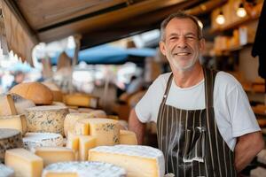 femelle vendeur vente les fromages à ensoleillé Extérieur marché, artisanal les fromages à local marché photo