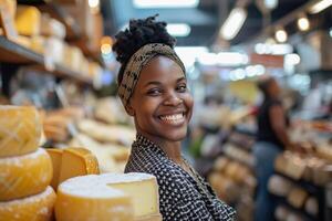 femelle vendeur vente les fromages à ensoleillé Extérieur marché, artisanal les fromages à local marché photo