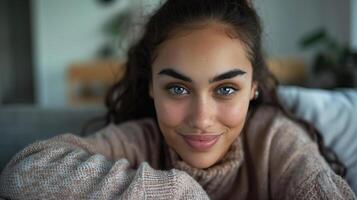 de bonne humeur Jeune maori femme séance à l'intérieur à Accueil sur canapé photo