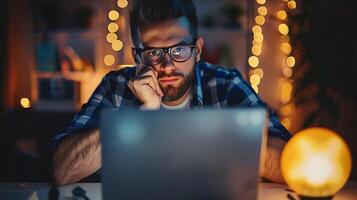 Jeune homme d'affaire travail heures supplémentaires dans le bureau. photo