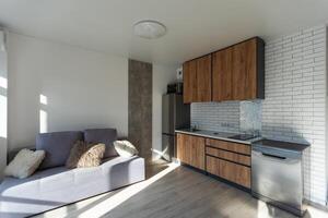 nettoyer cuisine dans une petit confortable contemporain studio appartement. photo