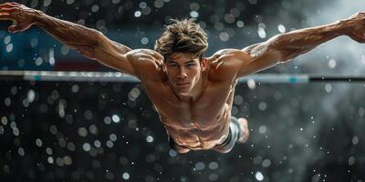 ai généré le sportif performant difficile gymnastique exercice à salle de sport. le sport, exercer, gymnaste, santé, entraînement, athlète concept. caucasien en forme modèle photo